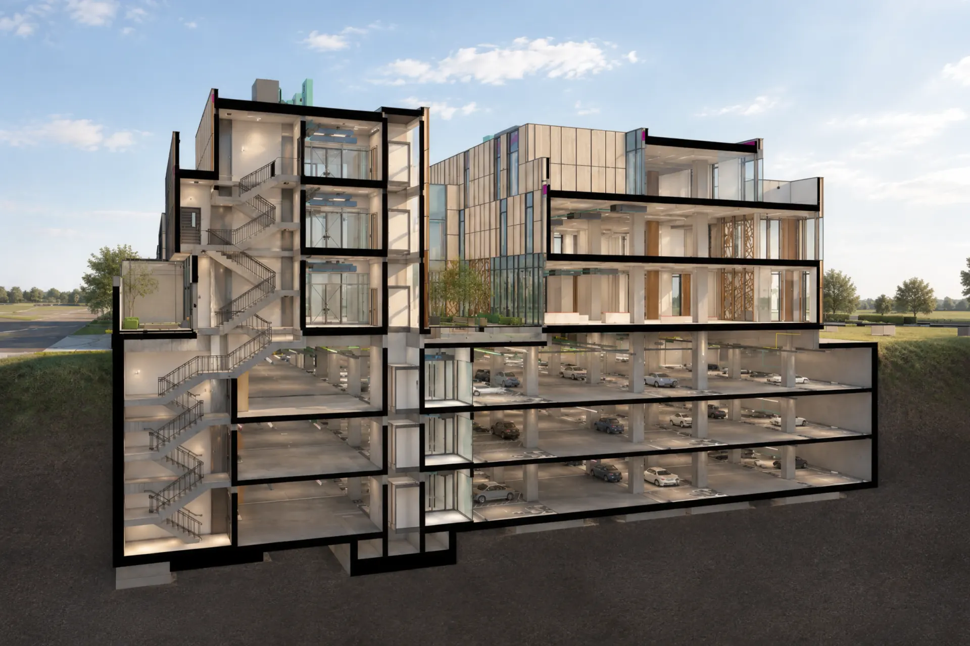 Al Basateen Offices — Cross section — architectural render