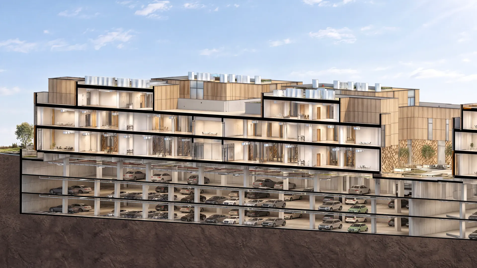 Al Basateen Offices — Longitudinal section — architectural render