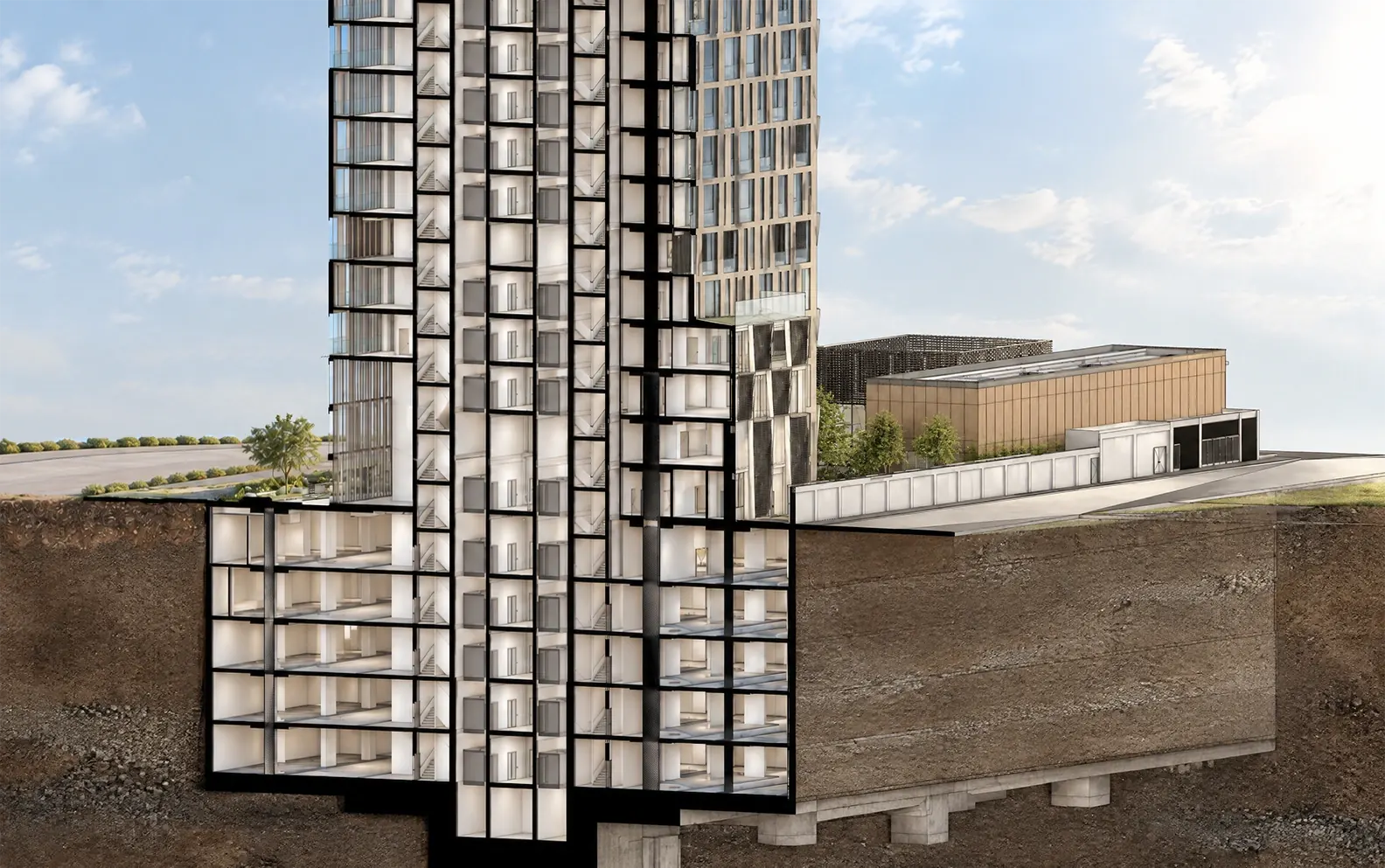 Al Majed Tower — Close-up section — architectural render